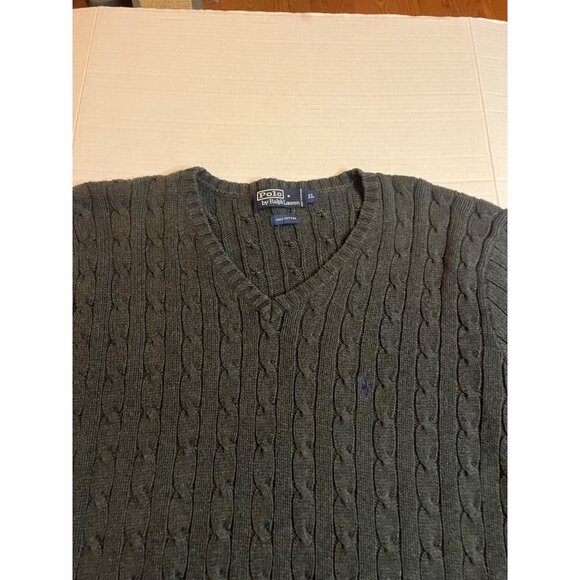 Polo Ralph Lauren XL Cable Knit V-Neck Sweater 100% Cotton Mens Gray hong kong - Picture 5 of 11